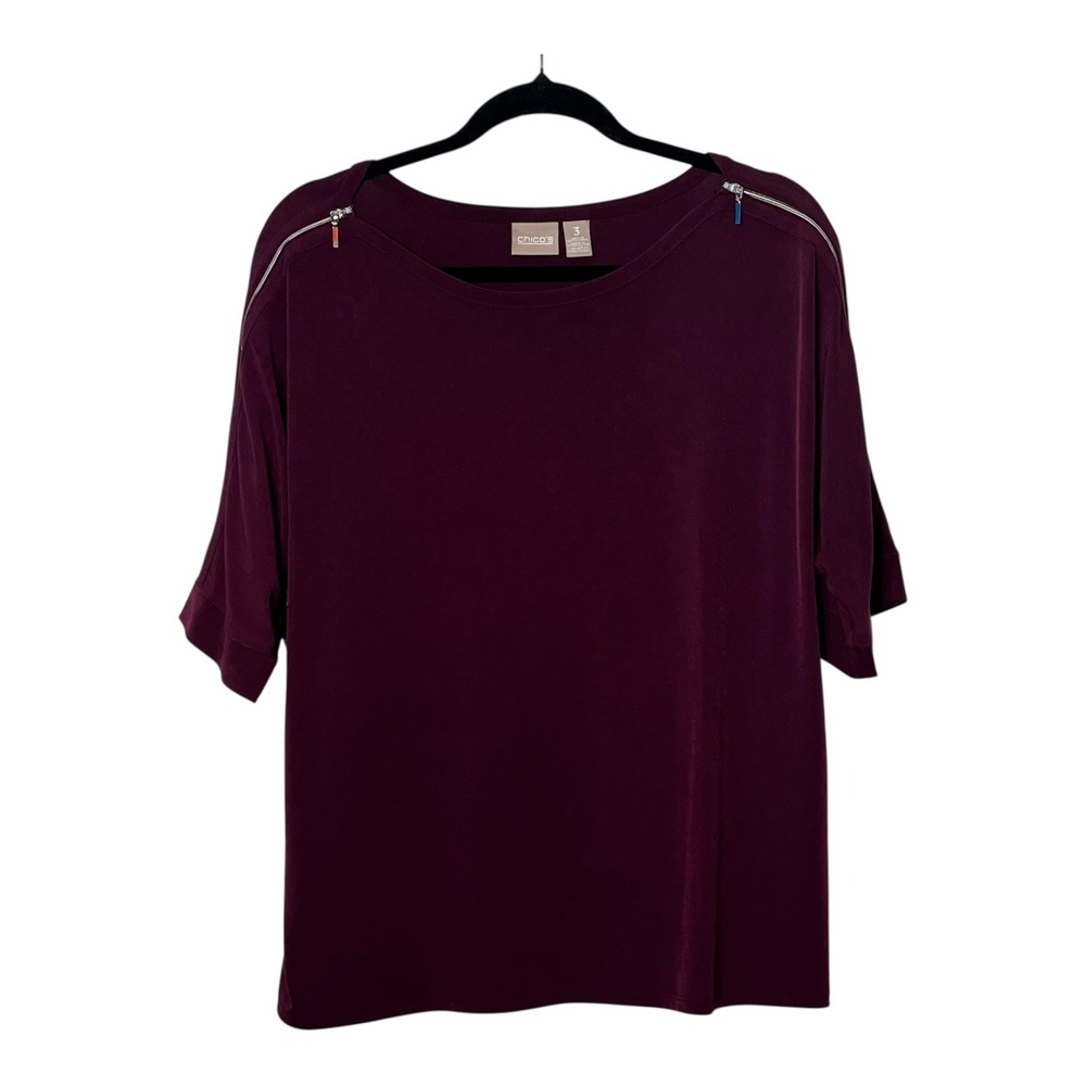 Chico's Womens Size 3 Plum Burgundy Zipper Shoulder Short Sleeve Blouse Top - Picture 1 of 7